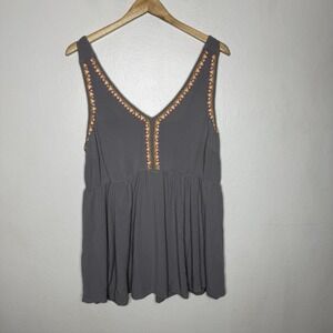 Torrid Babydoll Gauze Embroidered Gray Tank Top Women's 3X Rayon V-neck Boho